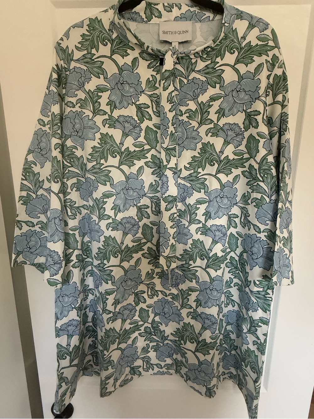 Smith & Quinn Blue Green Floral Tie Neck Tunic Dress S NWOT